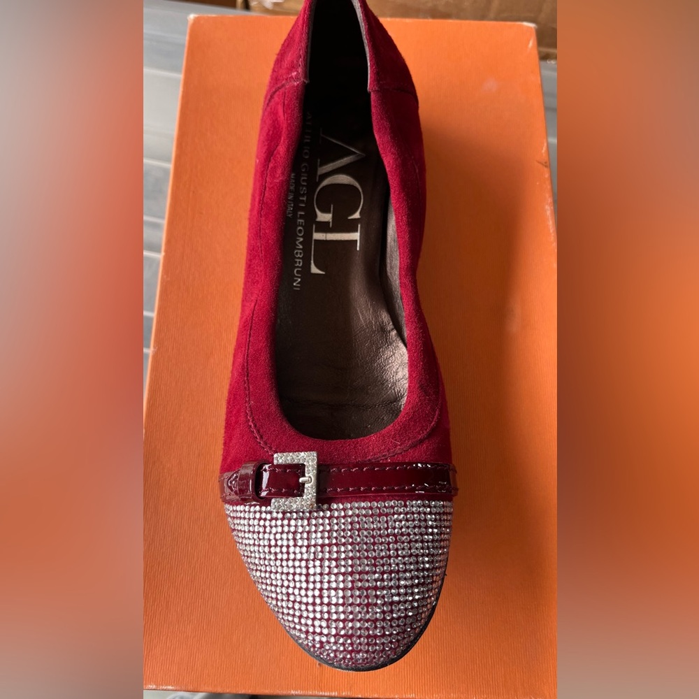 AGL Velvet, Red & Rhinestone Ballet Flats Size 37.5